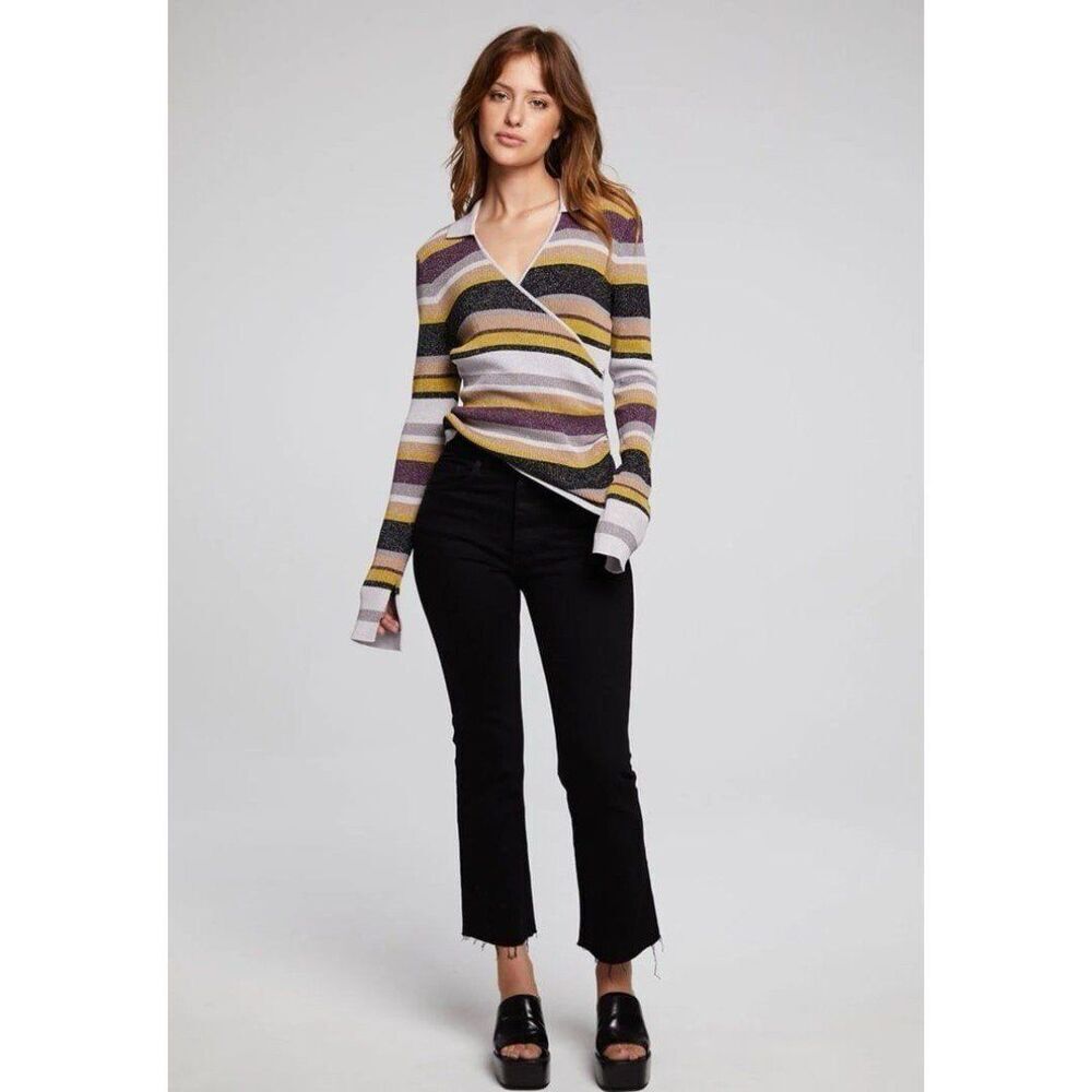 NEW Chaser Striped Flare Sleeve Top Winter Feminine Preppy Gossip Girl Chic - Picture 3 of 12